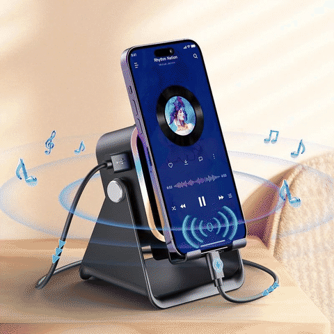 Enceinte à induction 5-en-1 avec support téléphone, Bluetooth 5.3 et lumière RVB