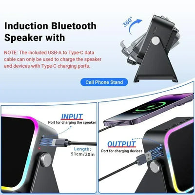 Enceinte à induction 5-en-1 avec support téléphone, Bluetooth 5.3 et lumière RVB