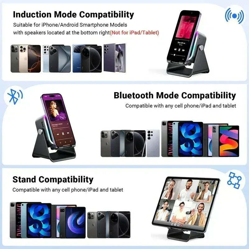 Enceinte à induction 5-en-1 avec support téléphone, Bluetooth 5.3 et lumière RVB