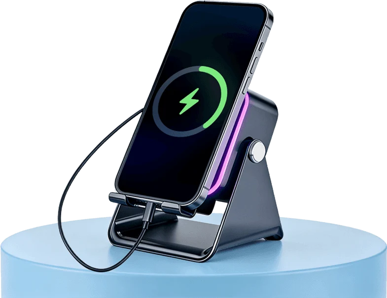 Enceinte à induction 5-en-1 avec support téléphone, Bluetooth 5.3 et lumière RVB