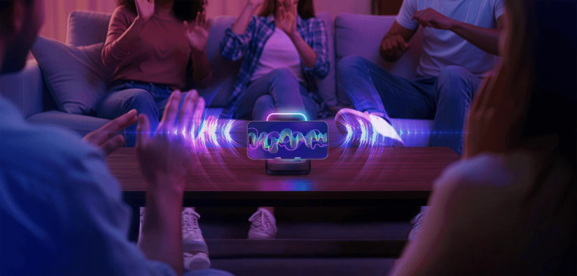 Enceinte à induction 5-en-1 avec support téléphone, Bluetooth 5.3 et lumière RVB