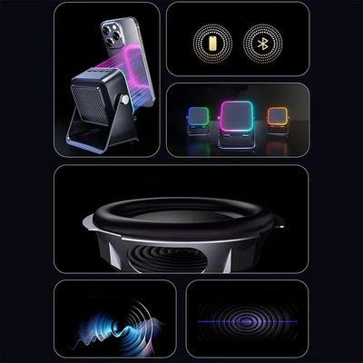 Enceinte à induction 5-en-1 avec support téléphone, Bluetooth 5.3 et lumière RVB