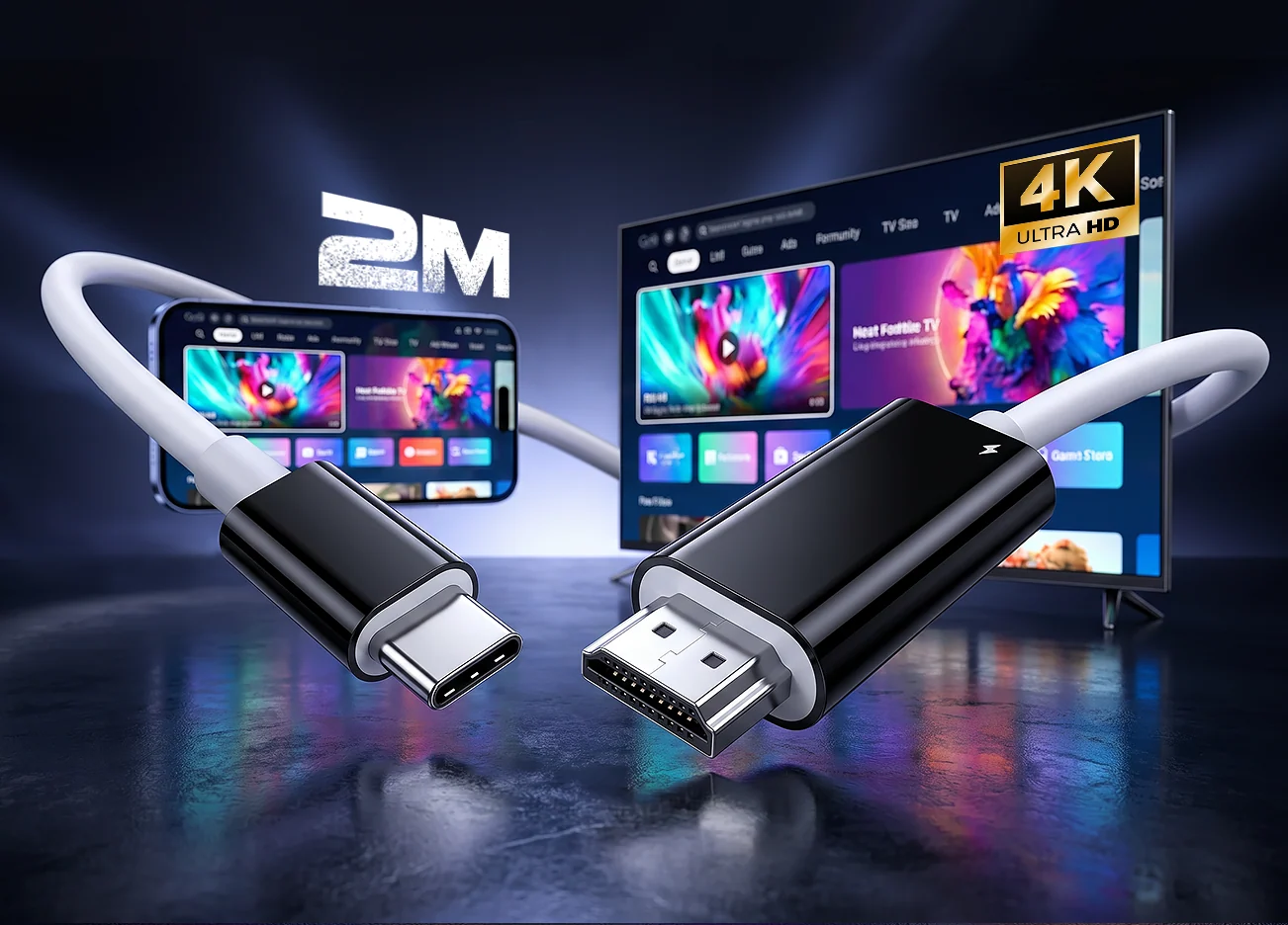 Câble USB-C vers HDMI 2 m : jeux, films et présentations sur grand écran