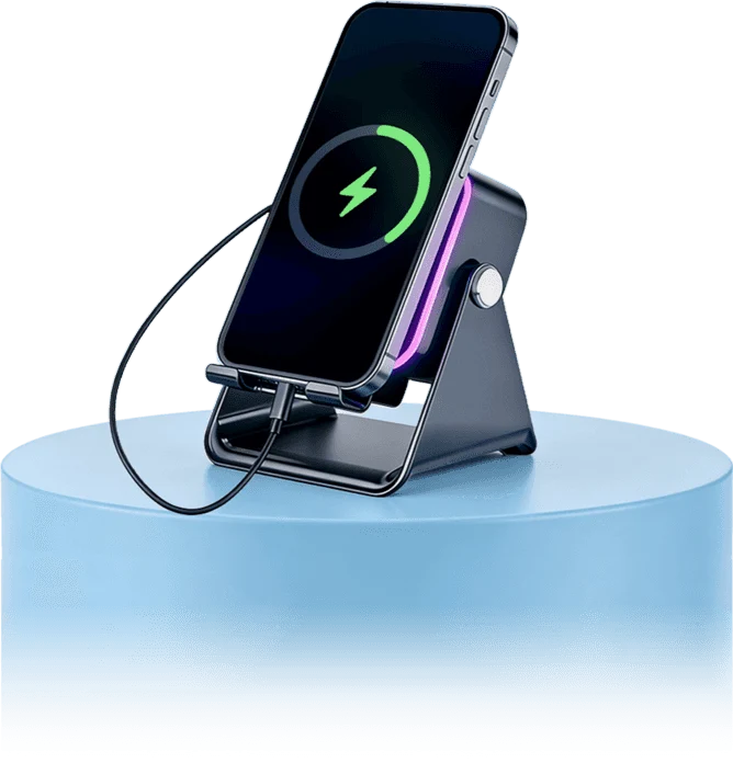 Enceinte à induction 5-en-1 avec support téléphone, Bluetooth 5.3 et lumière RVB