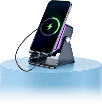 Enceinte à induction 5-en-1 avec support téléphone, Bluetooth 5.3 et lumière RVB