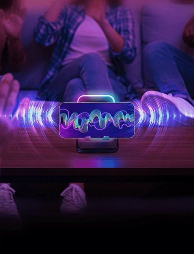 Enceinte à induction 5-en-1 avec support téléphone, Bluetooth 5.3 et lumière RVB