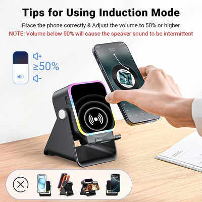 Enceinte à induction 5-en-1 avec support téléphone, Bluetooth 5.3 et lumière RVB