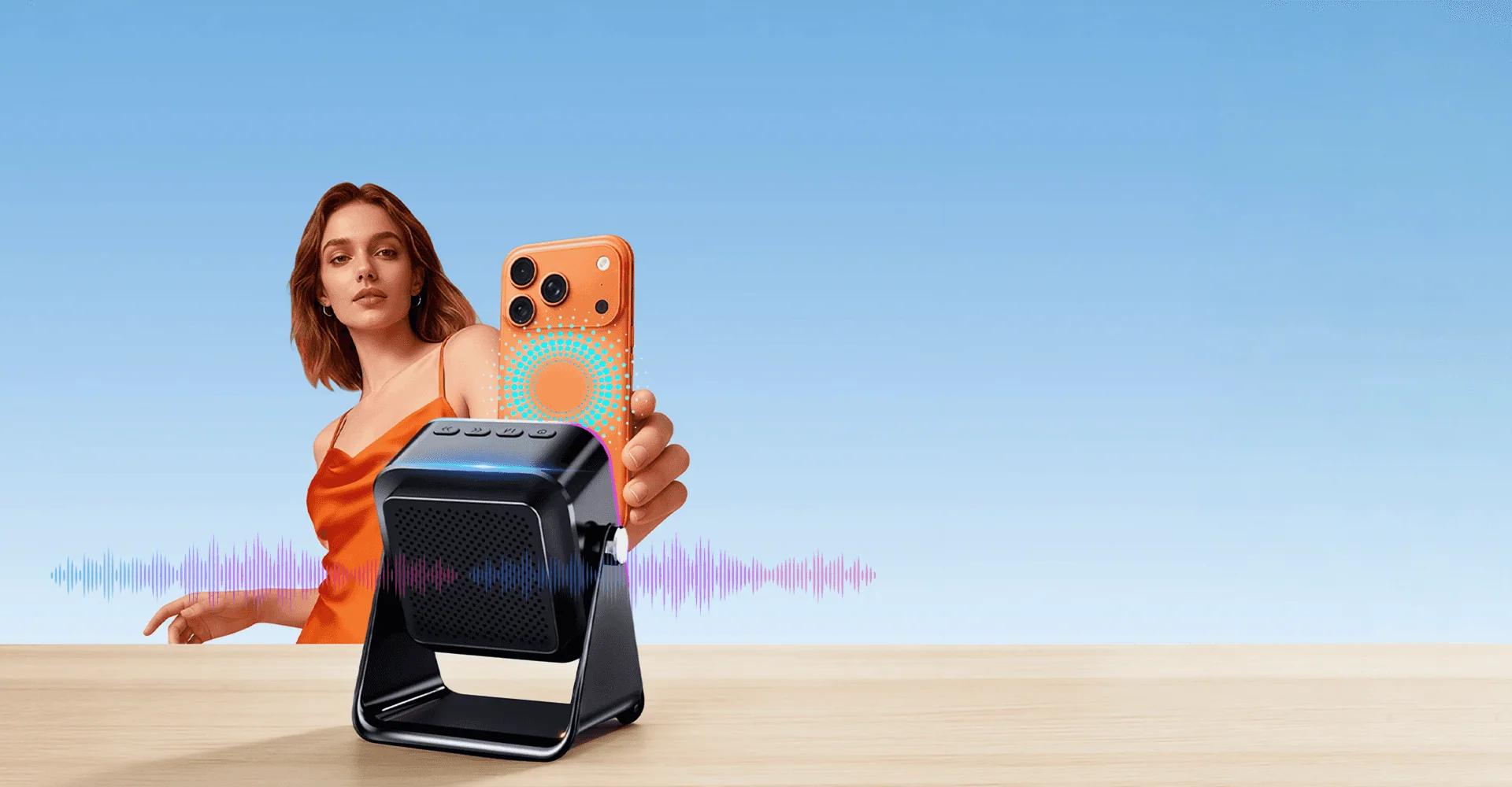Enceinte à induction 5-en-1 avec support téléphone, Bluetooth 5.3 et lumière RVB