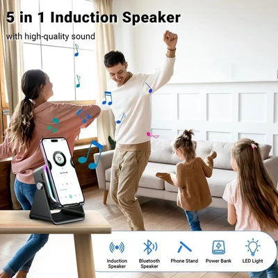 Enceinte à induction 5-en-1 avec support téléphone, Bluetooth 5.3 et lumière RVB